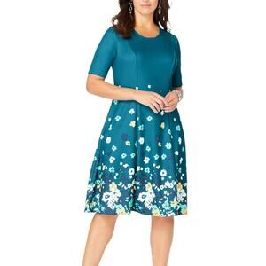 Jessica London Plus Size Stretch Knit Flare 3/4 Sleeve Floral Dress 24W NWOT